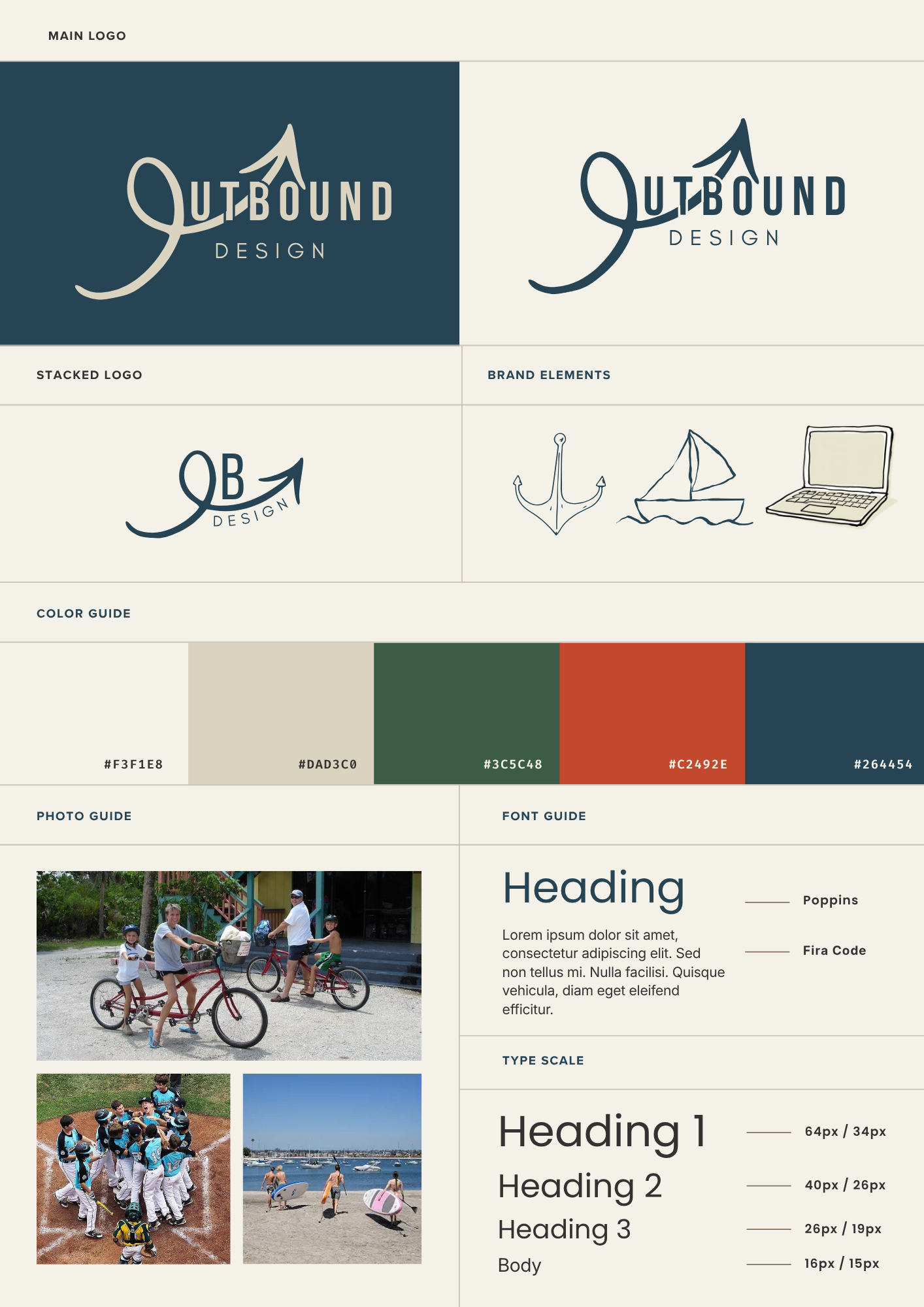 Outbound Design brand style guide: logo lockups, brand elements, color guide, photo guide, and type scale